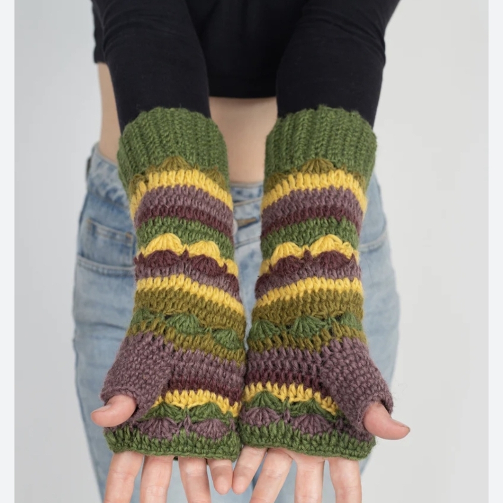 Olsenboye Womens Striped Boho Fingerless Knit Gloves Olive Purple Yellow OS NWT - Picture 2 of 6